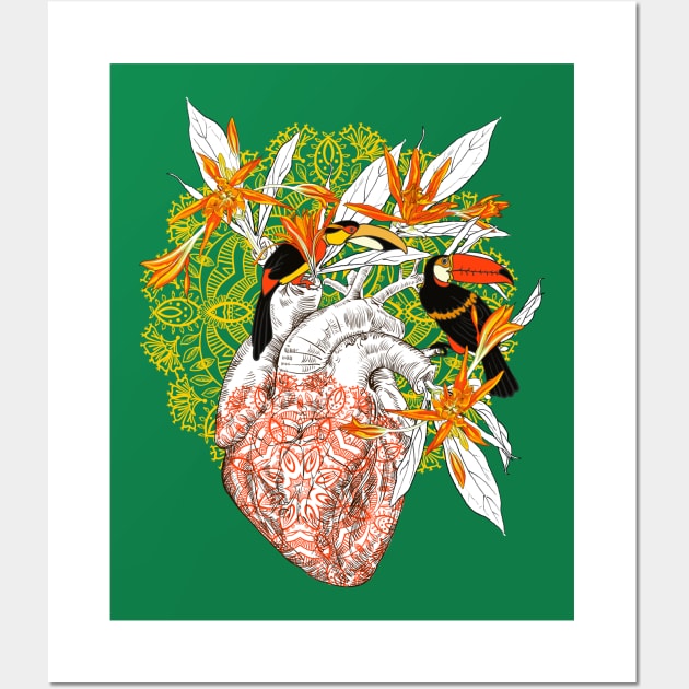 Human anatomical heart with flowers and two toucan birds Wall Art by Olga Berlet